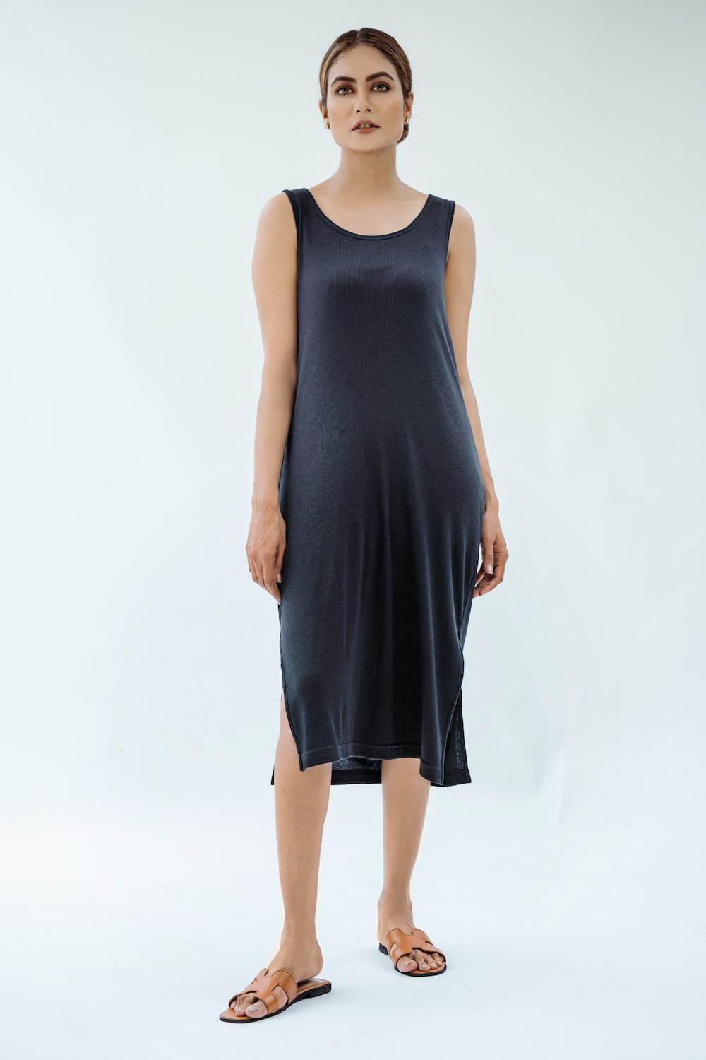 Ribbed Midi Tank Dress - Navy ...